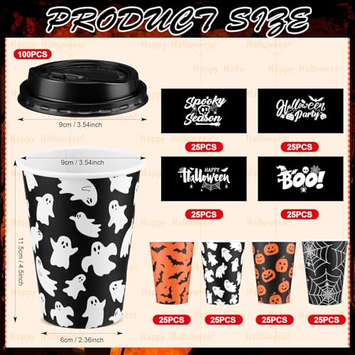 Halloween Disposable Coffee Cups Set - 12 oz with Lids, Sleeves & Straws - 100 Pack