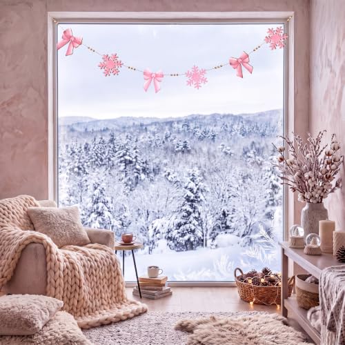Pink Snowflake Bead Garland with Bow - Fall Thanksgiving Halloween Decor - Snowflake Variation