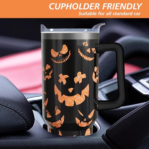 Halloween Pumpkin Face 40oz Insulated Tumbler Cup with Handle & Straw - Variation 01