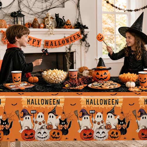 Halloween Ghost Plastic Tablecloth Set - Trick or Treat Ghost Pumpkin Black Cat Orange Black Variation