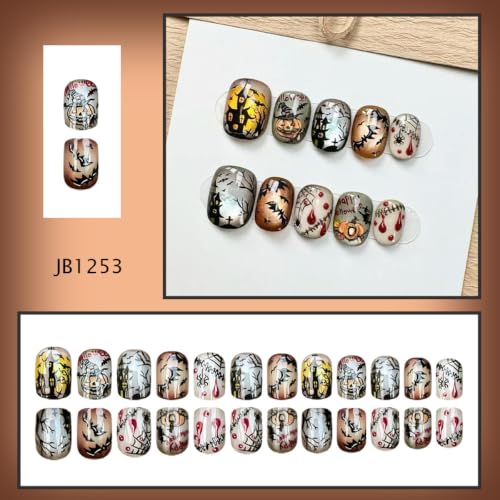 Halloween Short Press-On Nails Square Y2K Gothic Theme Fake Nails with Bat Pumpkins Spider Web Ghost Bat Pattern Style-13 - 24PCS