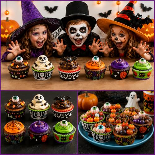 Halloween Cupcake Liners 300 Pack - Pumpkin Skull Spiderweb Designs for Baking & Parties