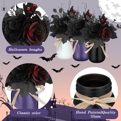 Halloween Mason Jar Decor Set with Artificial Black and Red Flowers - Centerpieces for Home and Party