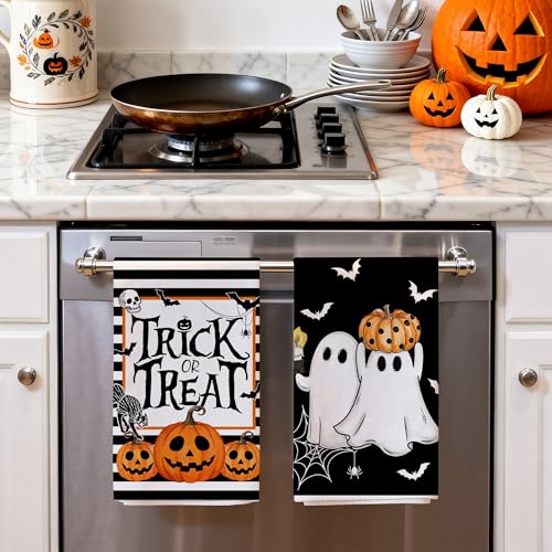 Hexagram Halloween Kitchen Towels Set of 2 - Black Stripe Ghost Design, 18x28 Inches