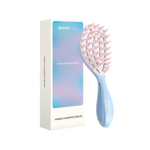 RHOS Scalp Massager - Curved Shampoo Brush with Handle for Wet & Dry Hair - Blue Color