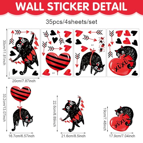 Valentine's Day Cat Window Stickers - Heart Black Cat Wall Decals - Style 20