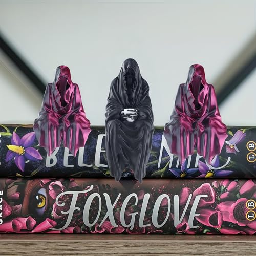 Halloween Gothic Decor Sitting Statue Set - Faceless Hooded Figures - 4" Black & Purple Figurines for Spooky Home Decor