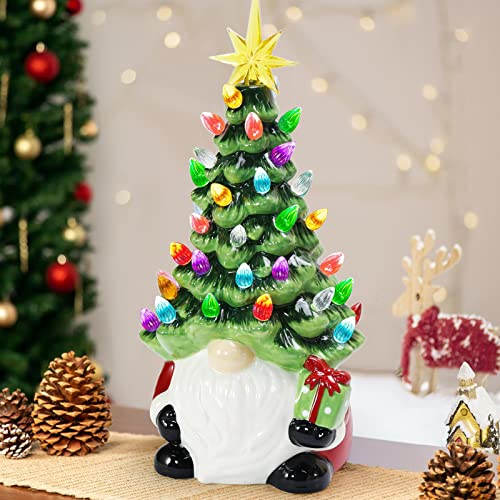 Lighted Ceramic Christmas Gnome Tree - 12 Inch Holiday Decor