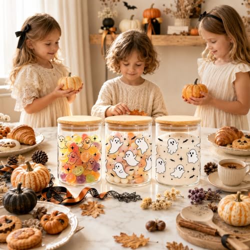 Halloween Ghost Candy Cookie Glass Jars - Black White Ghost 3 Pack - Spooky Food Storage Containers