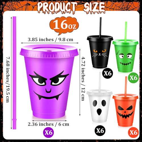 Reusable Halloween Plastic Cups with Lids & Straws - 16 oz Party Set