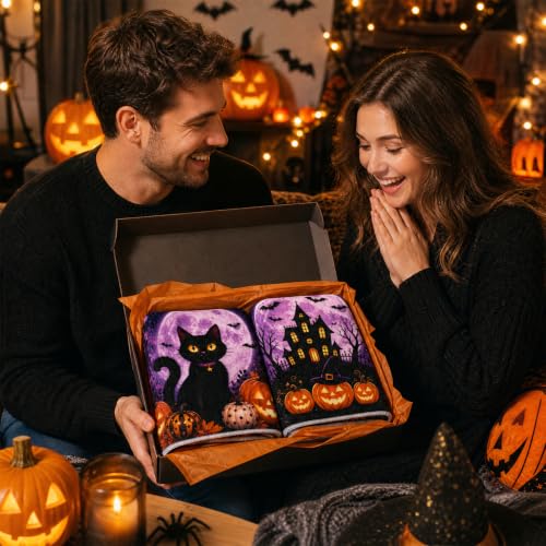 Halloween Kitchen Towels Set of 2 - Microfiber Spooky Cat Pumpkin Design - Halloween Variation
