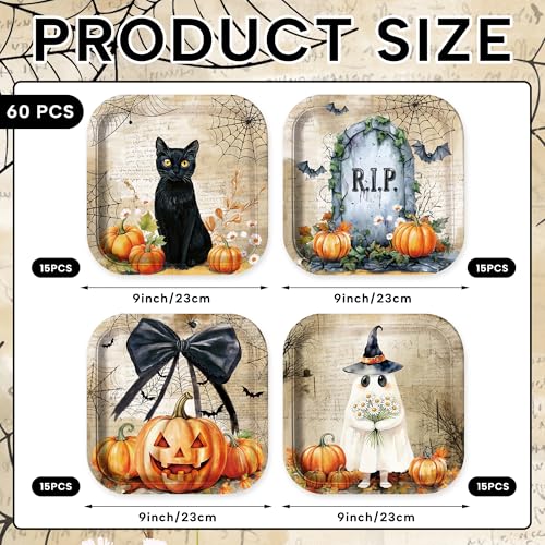 Halloween Vintage Paper Plates Set 60pcs - 9 Inch Disposable Halloween Tableware