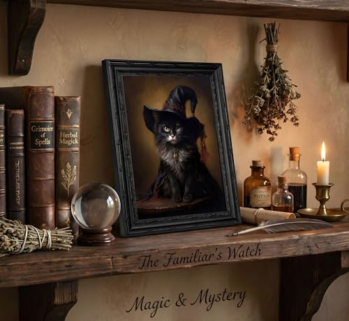 Black Framed Halloween Black Cat Wall Art Gothic Witch Cat Portrait Canvas Decor 11x9