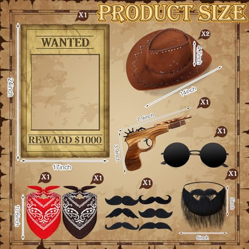 Halloween Western Photo Booth Props Kit - Cowboy Wanted Poster & Accessories