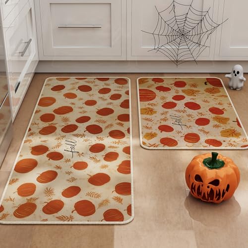 Halloween Kitchen Mat Set of 2 - Pumpkin Fall Design, 17x29 & 17x47 Inches - Orange Variation