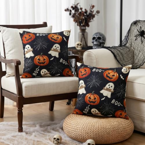 Black Halloween Ghost Throw Pillow Covers 20x20 Set of 2 - Spooky Cushion Decor