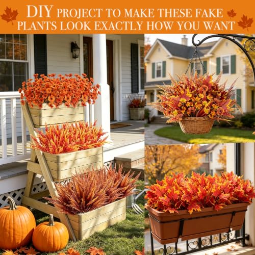 Artificial Fall Flowers Bundle with 5 Styles for Outdoor & Indoor Decor - Orange Red
