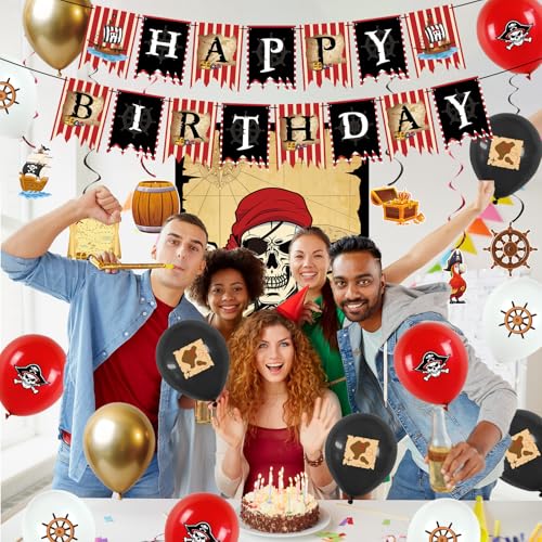 Pirate Theme Birthday Decorations Set with Banner, Balloons & Swirls