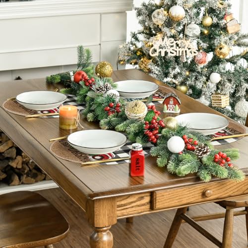 14-Inch Round Placemat Set of 4 - Black Buffalo Plaid Xmas Trees Holiday Table Decor