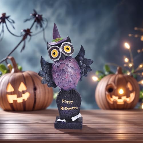 Purple Resin Owl Statue Decor Halloween Witch Hat Figurine Indoor Home Accent
