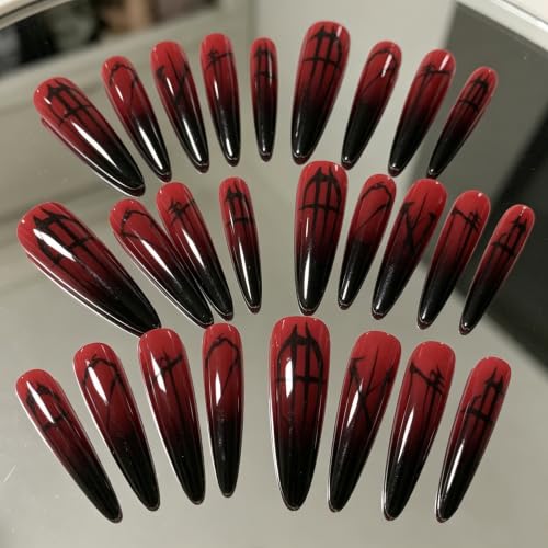 BABALAL Extra Long Stiletto Fake Nails - Vampire Blood Red & Black Gradient Gothic Halloween 30Pcs - Variation BNDa01-06