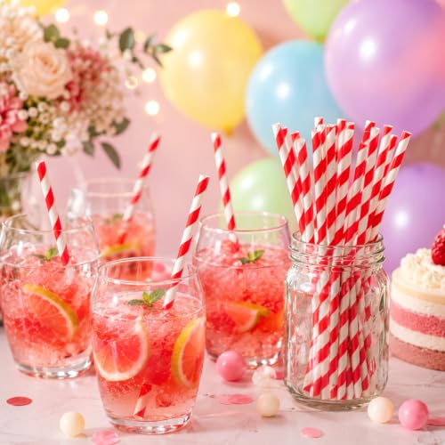 Red Biodegradable Striped Paper Drinking Straws - 100 Pack for Parties