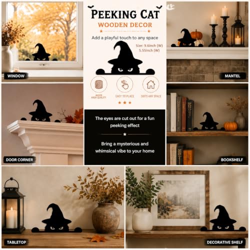 Peeking Black Cat Halloween Window Decoration - Witch Hat & Sign, Small Spooky Home Decor