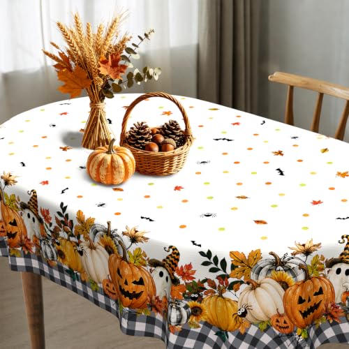 White Halloween Pumpkin Ghost Tablecloth - 84x60 Inch Oval Fall Decor