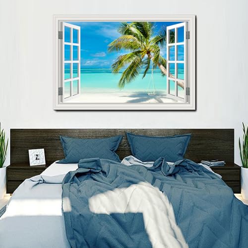 Beach Palm Tree Wall Art Canvas - 36x24 Inch Seascape Print with Fake Window Frame - Tropical Beach Decor
