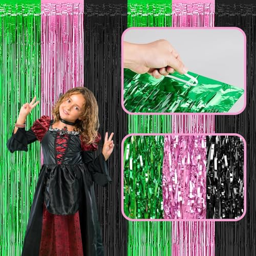 Pink Green Black Foil Fringe Curtains - 2 Pack for Birthday & Witch Theme Parties