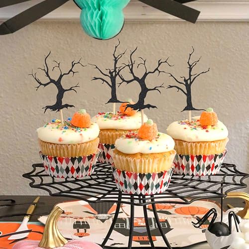Halloween Cupcake Topper Haunted Forest Spooky Tree Glitter Decor