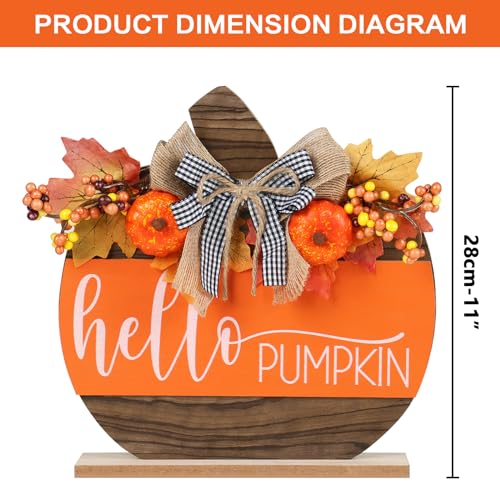 Fall Wooden Hello Pumpkin Sign - Autumn Decor, Tabletop Halloween & Thanksgiving