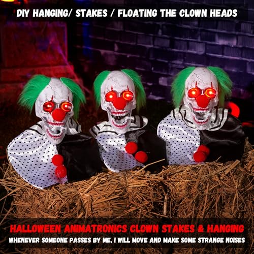 Halloween Animatronics Clown Pathway Markers - Floating Scary Skull, Light Up Eyes, Sound Activated, 3-Pack - Indoor & Outdoor Haunted Decorations