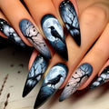 Halloween Press On Nails Black Fake Nails Long Stiletto with Forest & Crow Design - Variation 2390