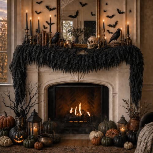 Black Halloween Mantle Garland Decor Gothic Spooky 6Ft Fireplace Indoor Home Fall