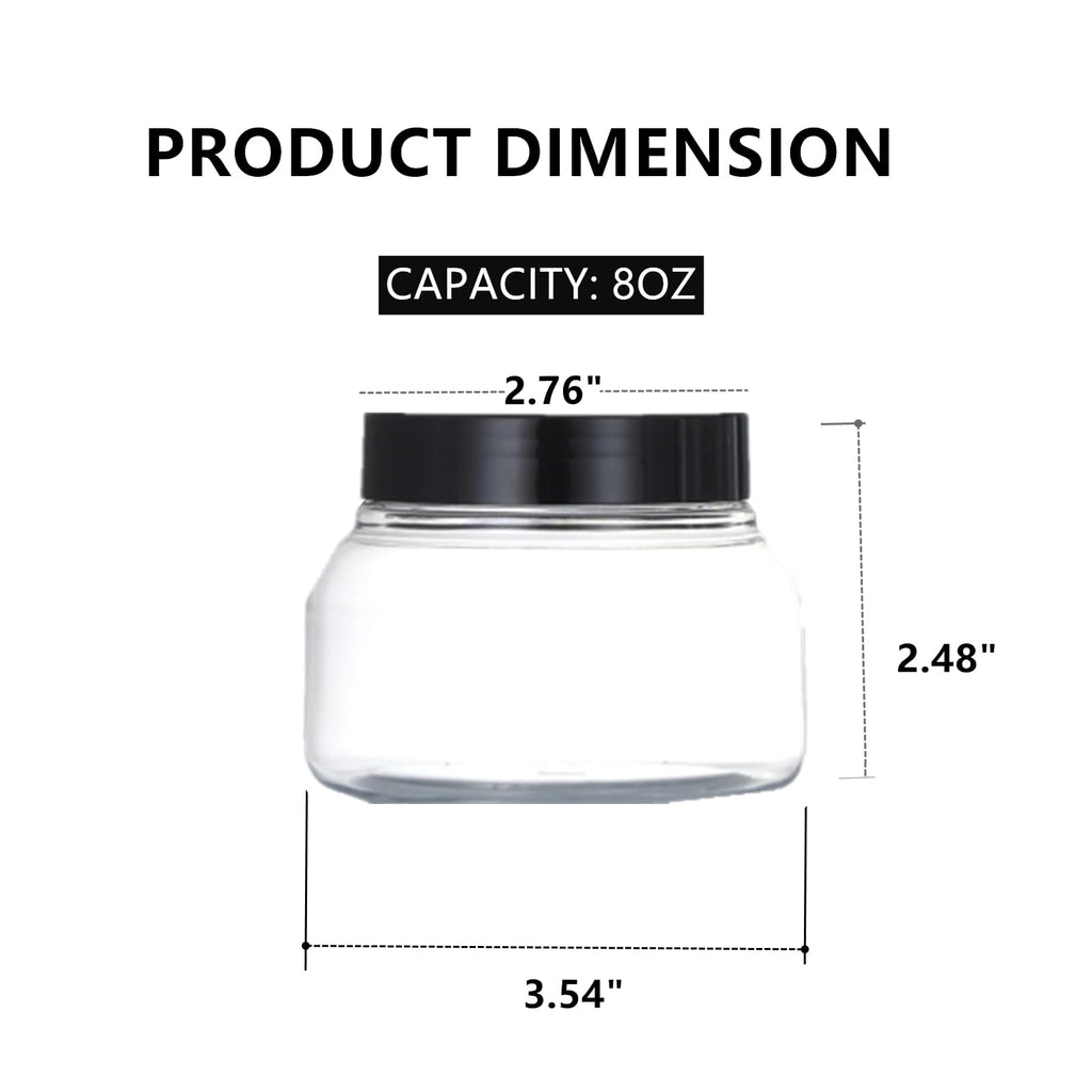 Zentriqlla 16 Pack 8 Oz Plastic Jars with Black Lids, BPA Free Empty Body Scrub Containers, Round Clear Samples Jars for Sugar Scrub, Lotion, Body Butter, Cream