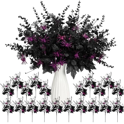 20 Pcs Halloween Artificial Floral Picks - Spiderweb Maple Leaves Decorations