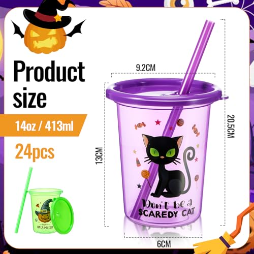 Vivid Halloween Kids Plastic Cups 24 Pack with Lids & Straws - 10 Oz Reusable Toddler Tumblers