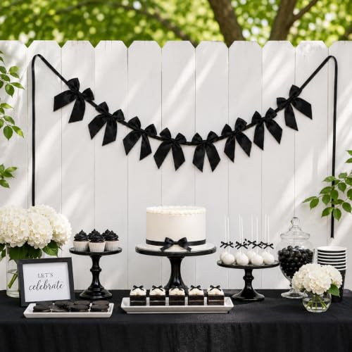 Black Satin Bow Garland - Pre-Strung Party Banner for Celebrations - Black