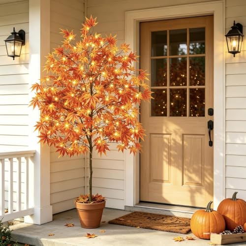 Outdoor Fall Maple Tree with Lights - 6.5ft Artificial Porch Decor - 1 Pcs