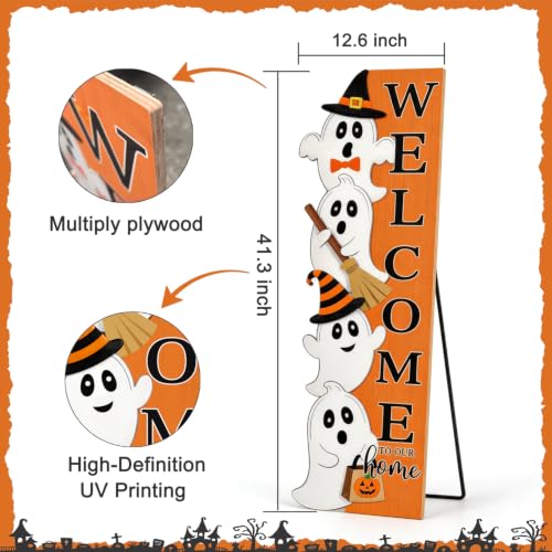 Halloween Welcome Sign for Front Door Ghost & Colorful Pumpkin - 41.3" x 12.6"
