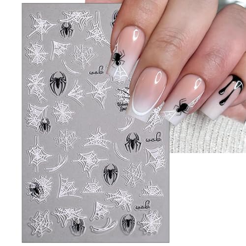 Halloween Nail Stickers - White Black Spider Web Self-Adhesive Decals for Nail Art, 4 Sheets, Scary Design, Spider Variation