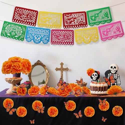 Day of the Dead Decorations Set - Orange 71 Pcs with Marigolds, Banners & Butterflies