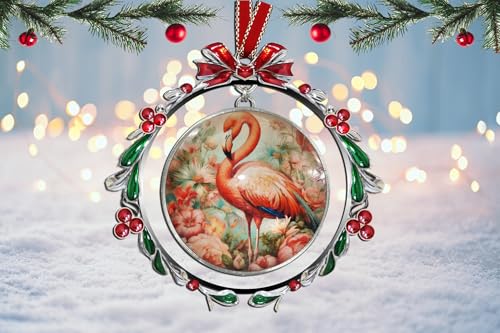 Flamingo in Floral Christmas Tree Ornament - Holiday Glass Decoration with Crystal Accents