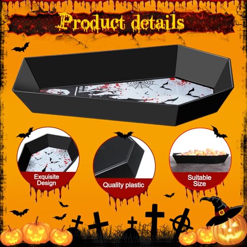 Halloween Gothic Coffin Shaped Candy Bowl Set - Black Plastic 2-Pack with Blood & Bat Prints - Castle Variation