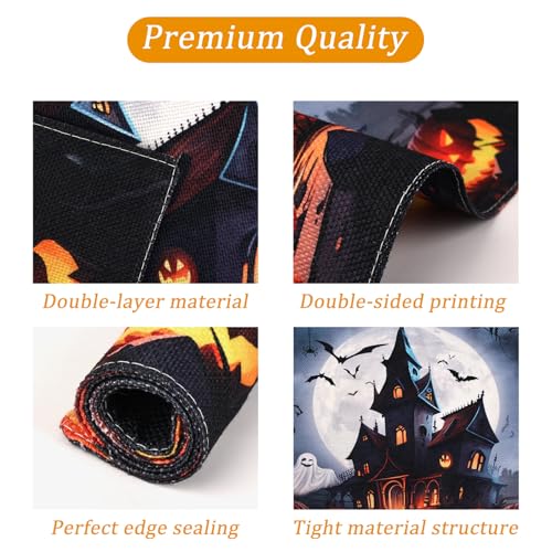 Halloween Haunted House Placemats Set of 4 - 12x18 Inch Washable Linen Table Mats with Full Moon Castle Design - Variation 0135-Moon Castle