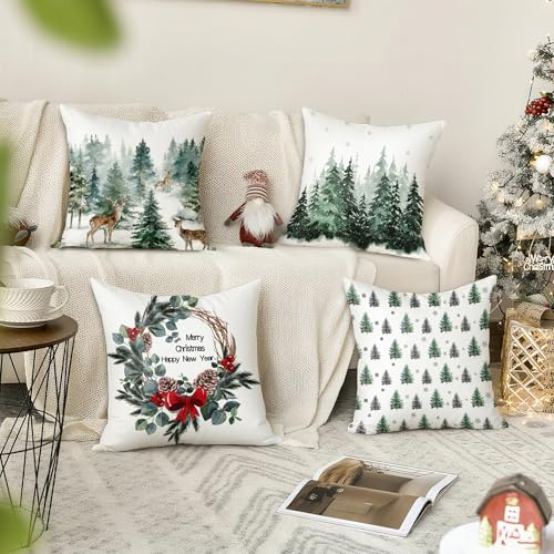 Christmas Pillow Covers Set of 4 - Festive Holiday Decorative Cushion Cases 18x18 Inch