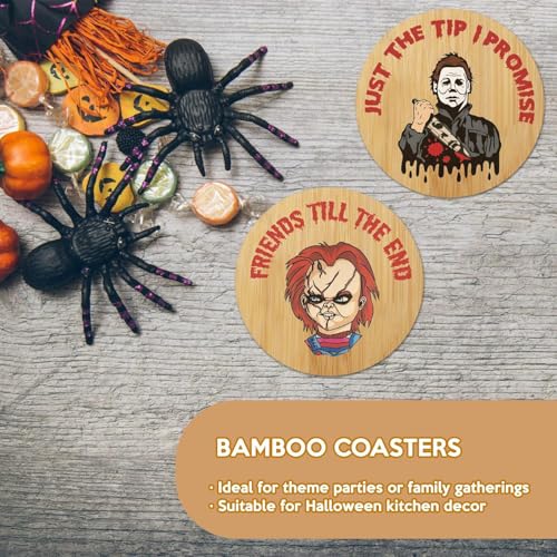 Halloween Spooky Coaster Gift Set - 6 Wooden Horror Movie Character Drink Coasters for Party Decor