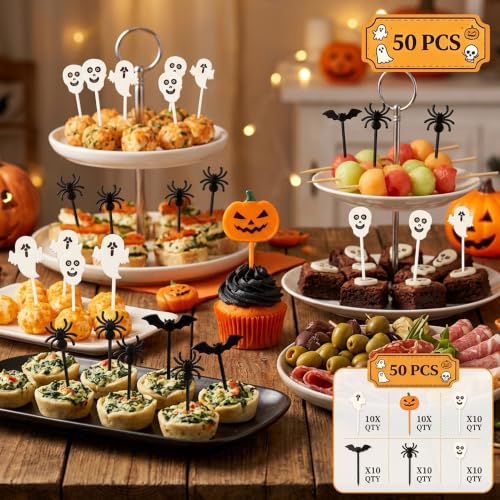 Halloween Cupcake Toppers Picks 50-Pack | Spooky Party Food Decor