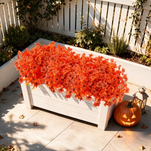 Artificial Fall Flowers for Outdoors - Faux Mums, UV Resistant, 12 Bundles - Orange